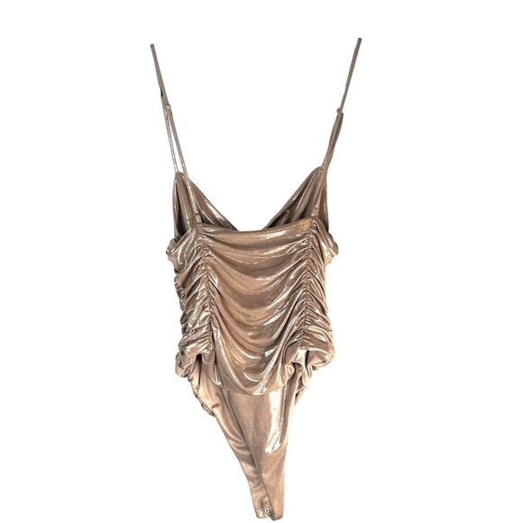 ZARA Shimmer Ruched Bodysuit XL Metallic Shiny Gold Polyester/Elastane NWT - Picture 10 of 15